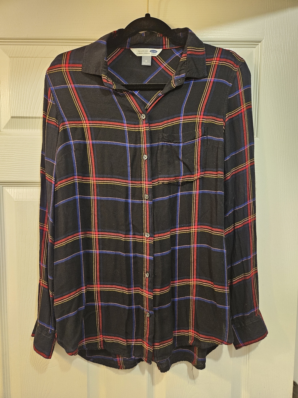 Old Navy Black Plaid Long Sleeve Button-Up Top with Red and Blue Stripes